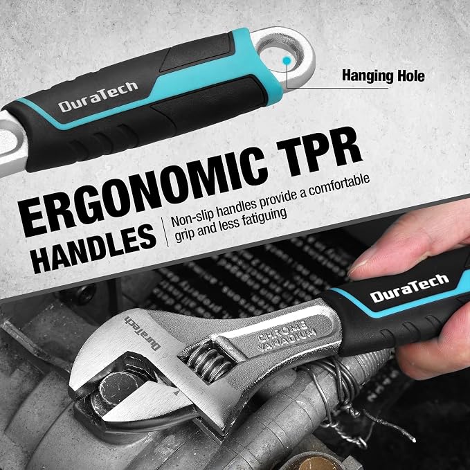 DURATECH 8-Inch Adjustable Wrench, Cr-V Steel Wrench, Wide Jaw Wrench, Metric & - Image 4