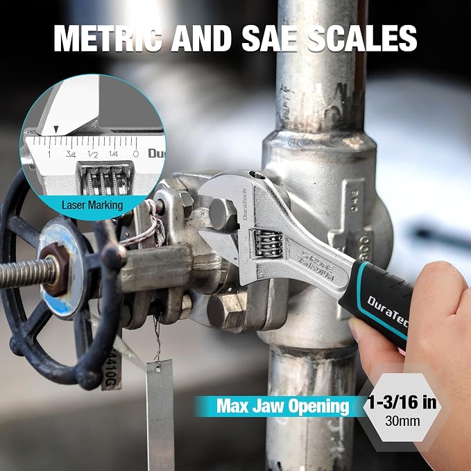 DURATECH 8-Inch Adjustable Wrench, Cr-V Steel Wrench, Wide Jaw Wrench, Metric & - Image 5