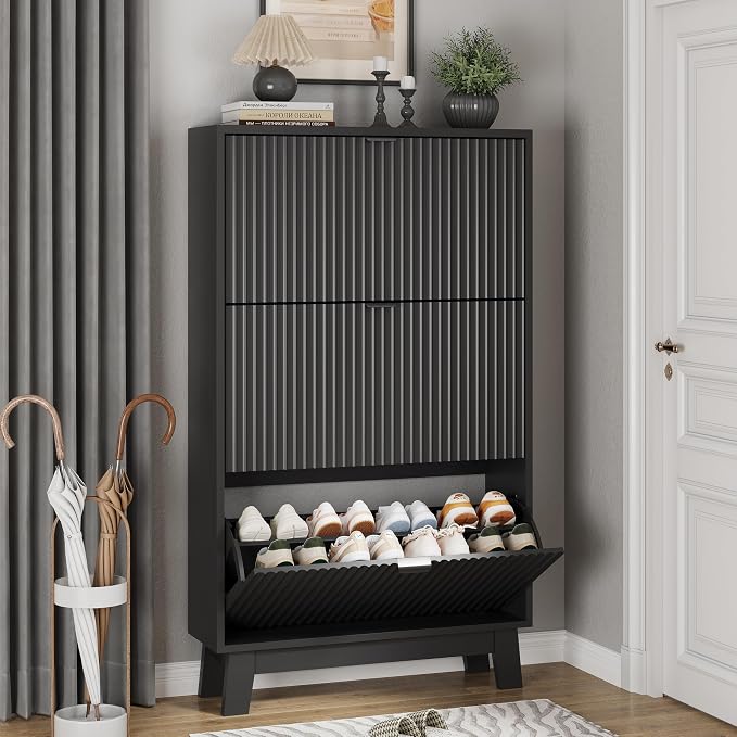 Shoe Cabinet with 3 Flip Drawers, Hidden Slim Wooden Shoe Rack Cabinet by Xixini