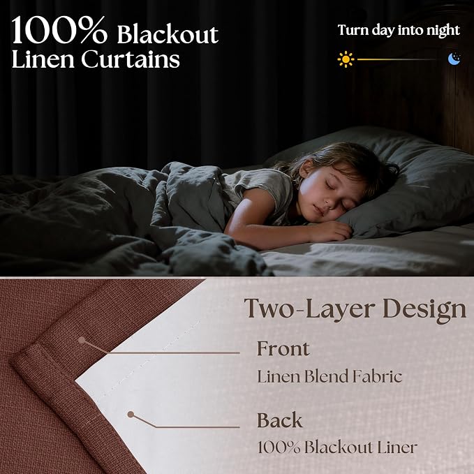 Chestnut Brown Pleated Linen Blackout Curtains 84 Inches Long - Image 2