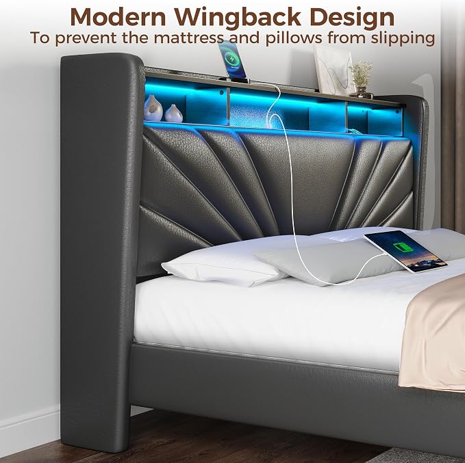 Rolanstar Full Size Bed Frame, Storage Headboard - Image 6