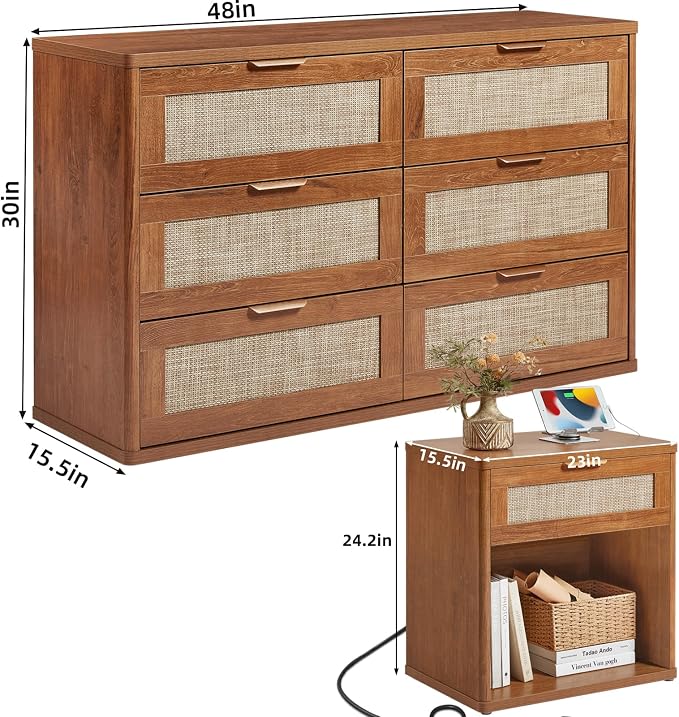 LEYAOYAO Rattan Dresser and Nightstand Set of 2, Boho Wood Dresser - Image 3