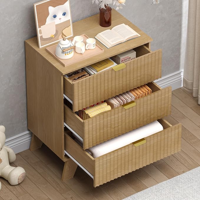 Fluted 3 Drawer Dresser, 30.3" Tall Compact Modern Boho Chest of Drawers - Image 4