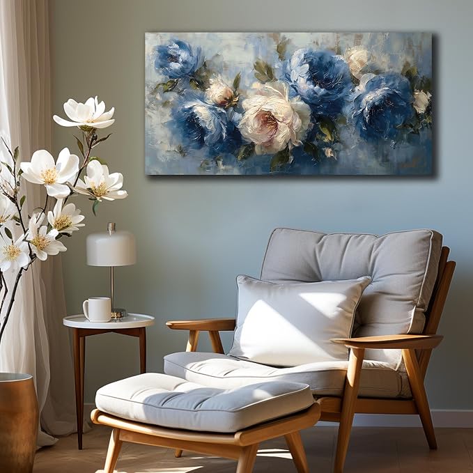 JuhaiArt Peony Floral Wall Art Bedroom Blue Wall Decor White Wall Picture - Image 2