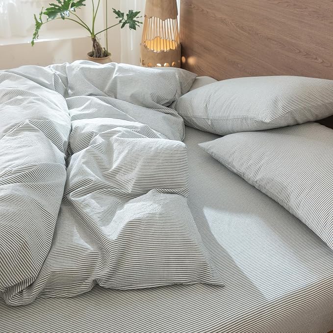 MooMee Striped Duvet Cover Set 100% Washed Cotton Linen Like Textured - Image 8