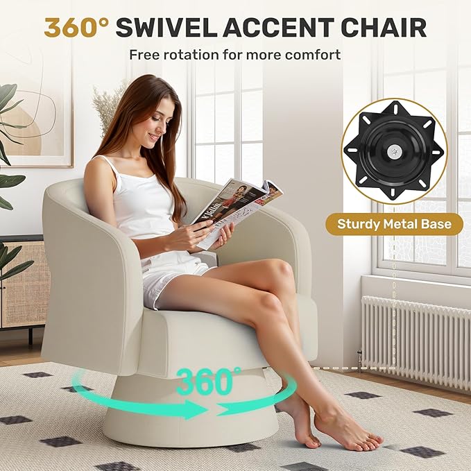 Swivel Accent Chair, Modern Comfy Chenille Barrel Chairs, Oversized Upholstered - Image 3