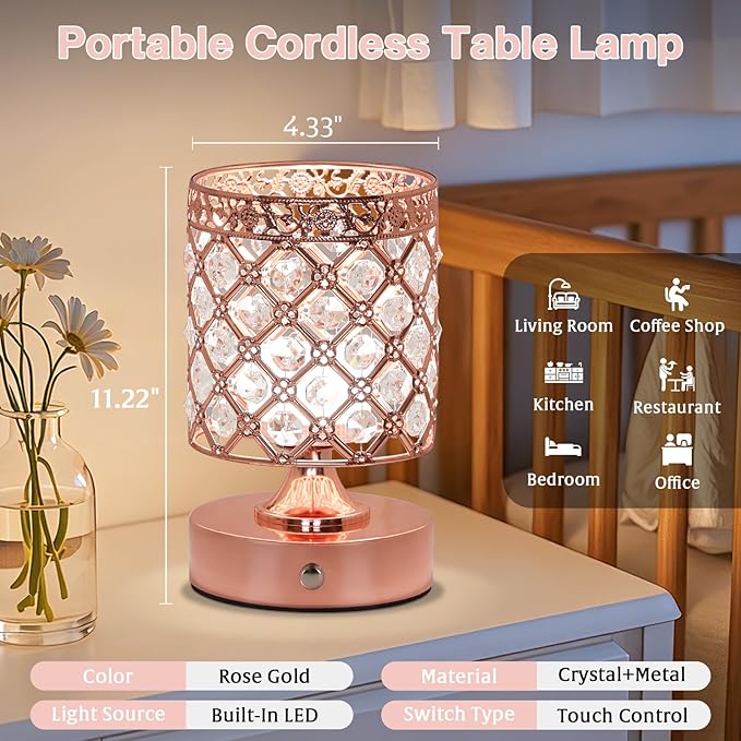 TOBUSA Crystal Rechargeable Cordless Table Lamps Set of 2, Wireless Lamps - Image 3