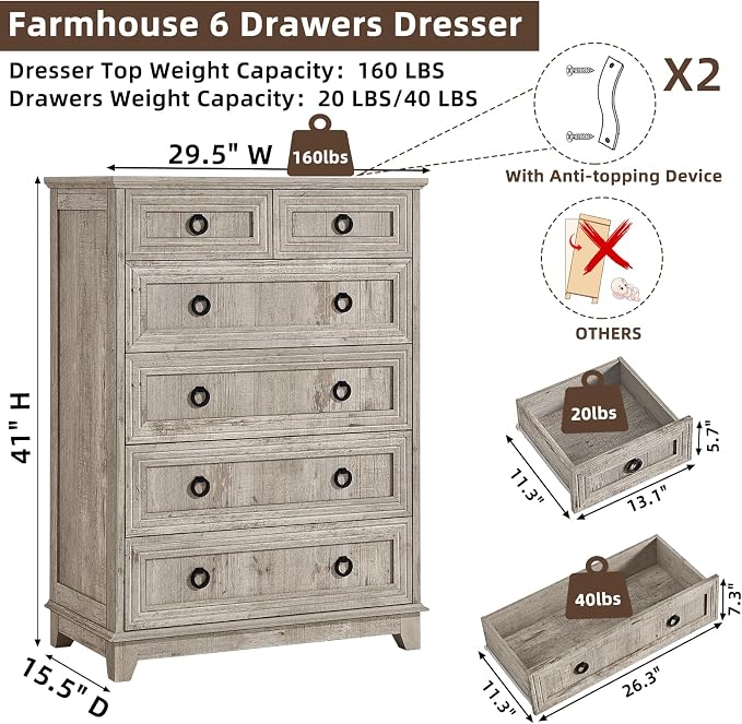 6 Drawer Dressers & Chest of Drawers, Farmhouse Vintage Oak Dresser - Image 2