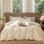 MooMee Wavy Striped Duvet Cover Set 100% Washed Cotton Linen Like Textured by MOOMEE