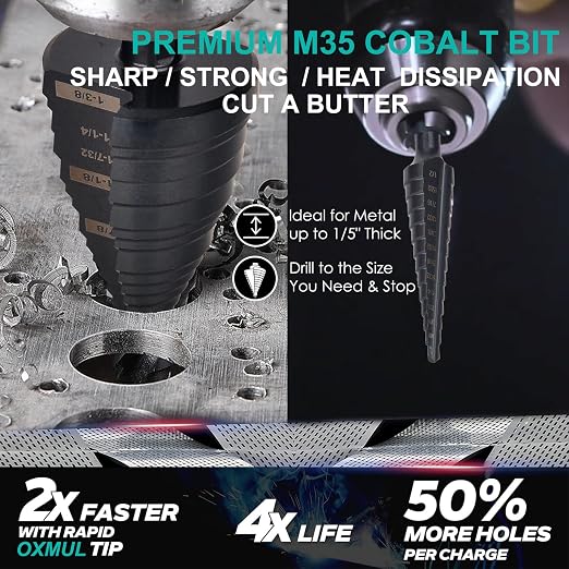 M35 Step Drill Bits for Metal, 1/8" to 1/2", Cobalt Bit, Heavy Duty for - Image 2