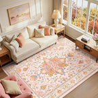 Area Rugs 6'x9' Washable Non-Slip, Floral Vintage Distress Print Pattern by RELEANY