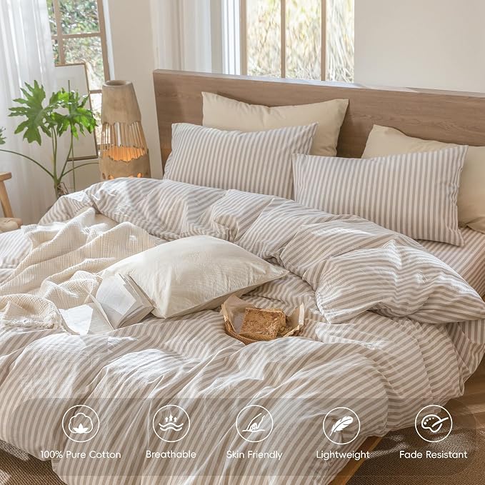 MooMee Striped Duvet Cover Set 100% Washed Cotton Linen Like Textured - Image 4