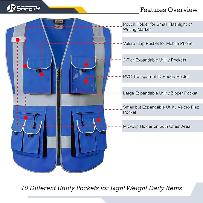 JKSafety 10 Pockets Blue Color Safety Vest Zipper Front - Image 3
