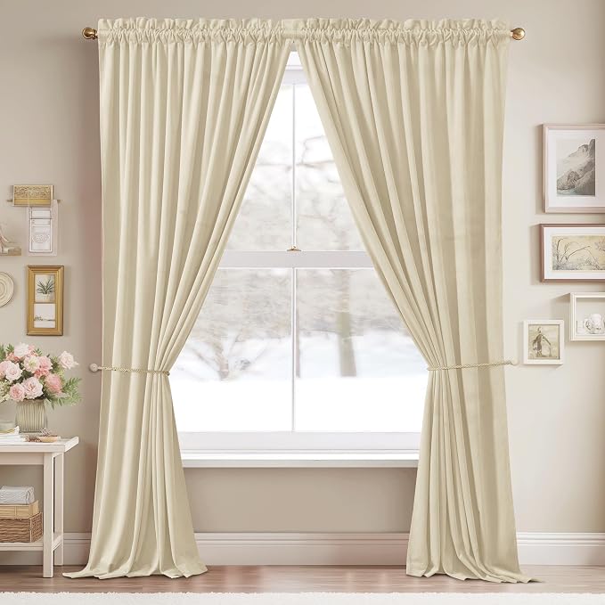 StangH Beige Velvet Curtains for Bedroom 96 inches Long, Luxury Light Dimming - Image 2