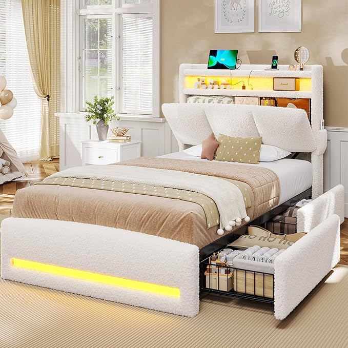 VIAGDO Twin Bed Frames with Storage Headboard and Charging Station, Boucle by VIAGDO