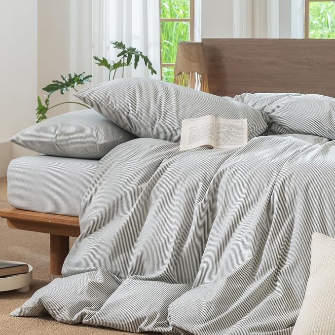 MooMee Striped Duvet Cover Set 100% Washed Cotton Linen Like Textured - Image 5