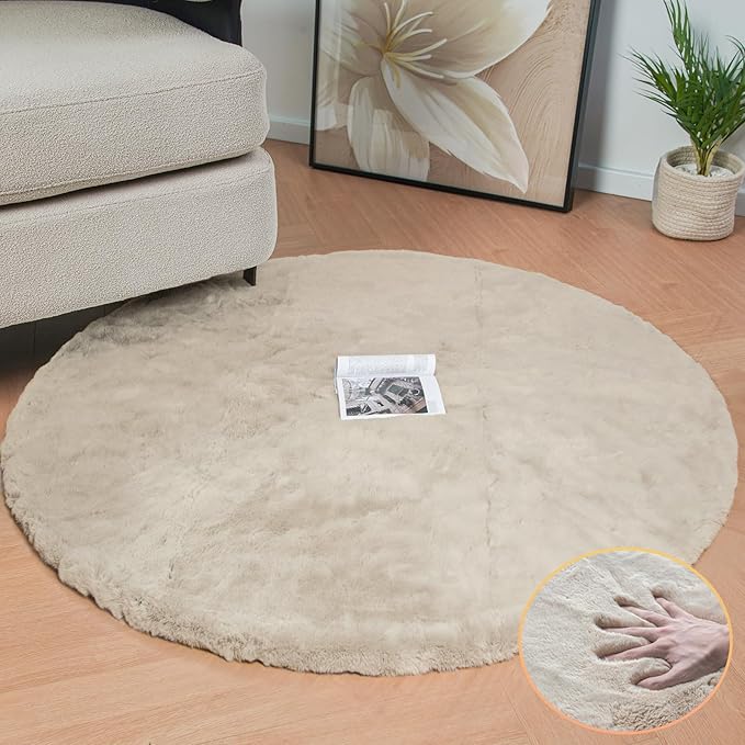 Camel Washable Shag Area Rugs for Living Room Small Plush Faux Bunny Shaggy Fur by ORINOVA