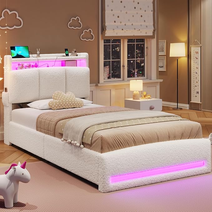 VIAGDO Twin Bed Frames with Storage Headboard and Charging Station, Boucle - Image 8