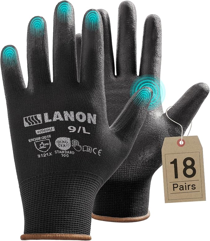 LANON Safety Work Gloves for Men and Women, 18 Pairs Mechanic Black Working - Image 6