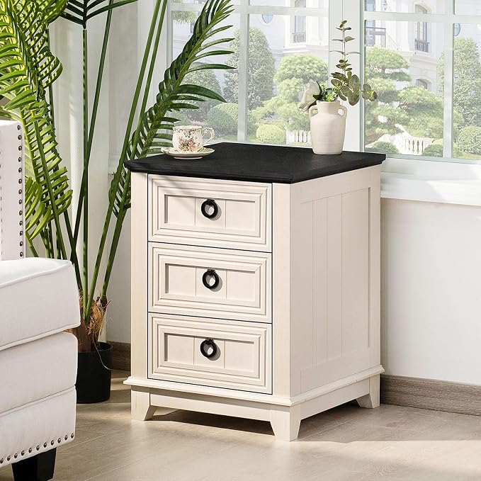 18" Farmhouse Night Stand with 3 Drawers, Wood End Table Dresser - Image 5