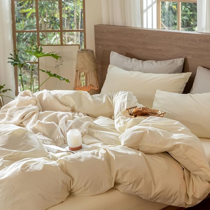 MooMee Wavy Striped Duvet Cover Set 100% Washed Cotton Linen Like Textured - Image 5