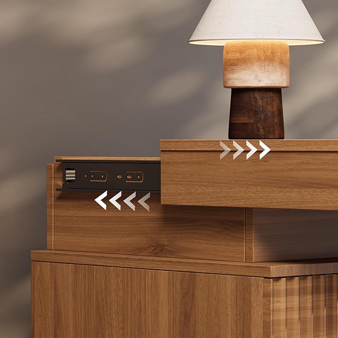 Walnut Nightstand with 3 Drawers and LED Light, Mid Century Modern Fluted Night - Image 6