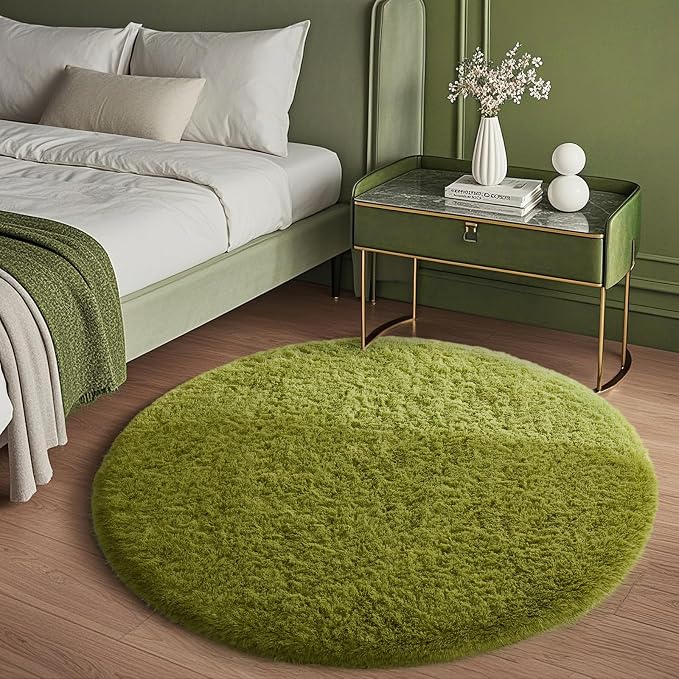 Ophanie Round Rug 4Ft Green Circle Area Rug, Fluffy Fuzzy Bedroom Carpet by Ophanie
