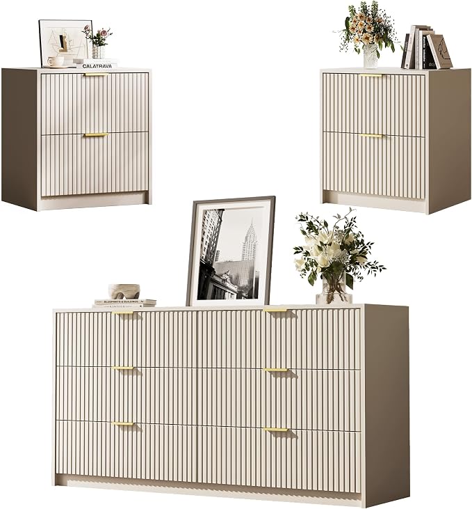 3-Piece Dresser Bedroom Set, 6 Drawer Dresser & 2 Drawer Nightstands by MAISONARIA