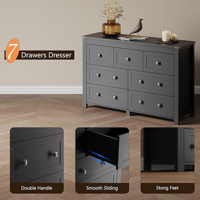 7 Drawer Dresser for Bedroom, Farmhouse Wood Chest of Drawers, Wide TV Stand - Image 5