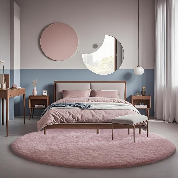 Ophanie Round Rugs 6Ft Pink Circle Area Rug, Fuzzy Bedroom Carpet, Large Shag - Image 7