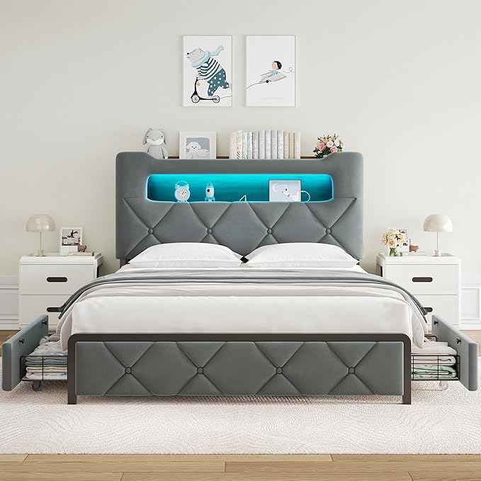 Queen Upholstered LED Bed Frame - Image 7