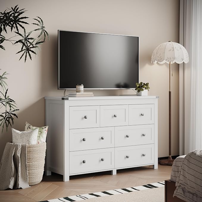 Dresser for Bedroom with 7 Drawers, Farmhouse Wood Chest of Drawers, Wide TV - Image 6