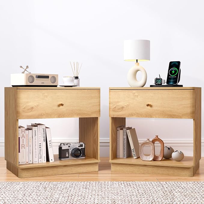 Narrow Nightstand Set of 2, Wooden Small 2 Drawer Nightstand, Slim Side End by FurSchFurniture