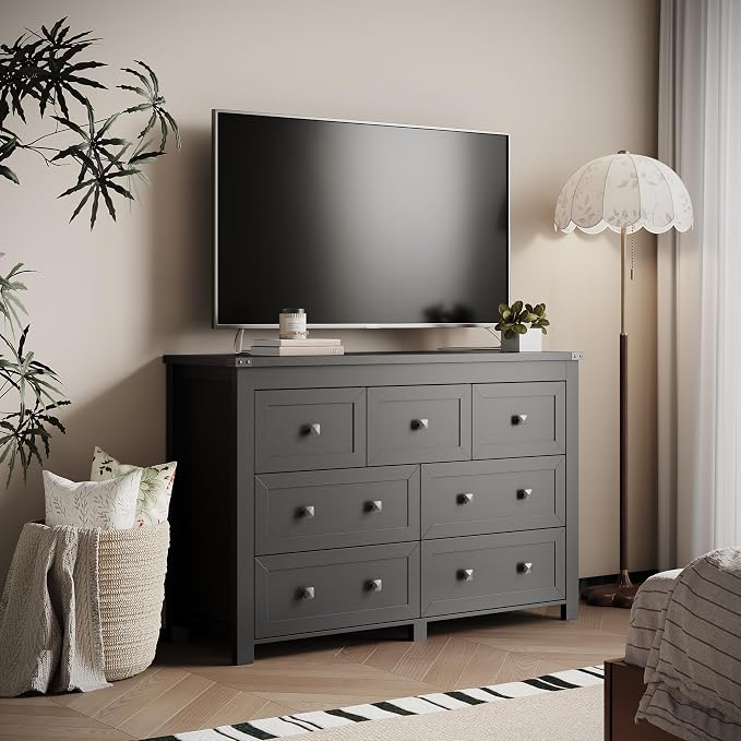 7 Drawer Dresser for Bedroom, Farmhouse Wood Chest of Drawers, Wide TV Stand - Image 6