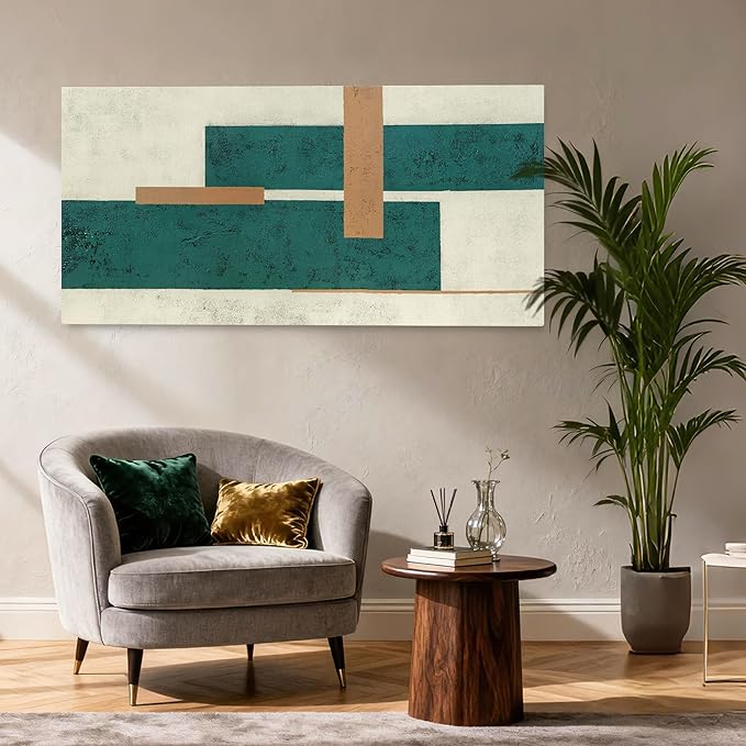 YETHEN WAL Teal Geometric Abstract Canvas Wall Art, 20×40 in Horizontal – by Unknown
