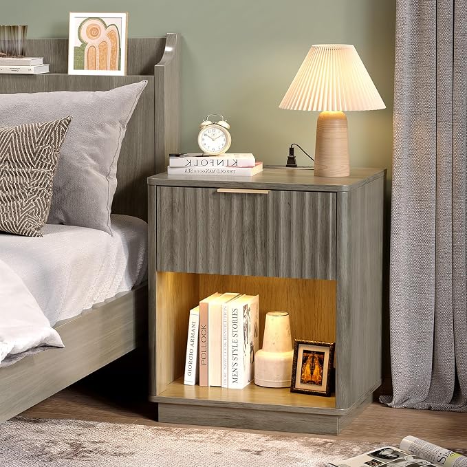 VINGLI Night Stand with Charging Station & Led Light, Wood Nightstand Mid - Image 8