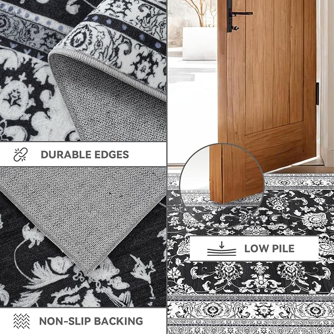 Area Rugs 5x7 Machine Washable Floral Rug Non Silp Faux Wool Vintage Soft Black - Image 6