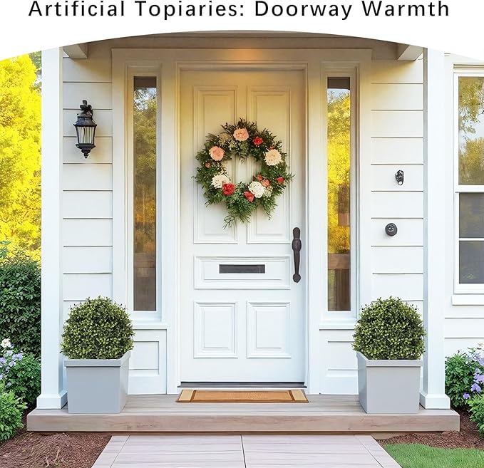 27“ Realistic Artificial Boxwood Topiary Trees Set of 2, Faux Plants Outdoor - Image 4