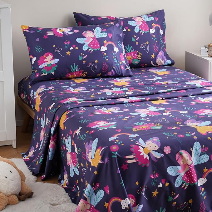 JSD Purple Fairy Kids Sheet Set Full Size, 4 Piece Girls Floral Printed - Image 6