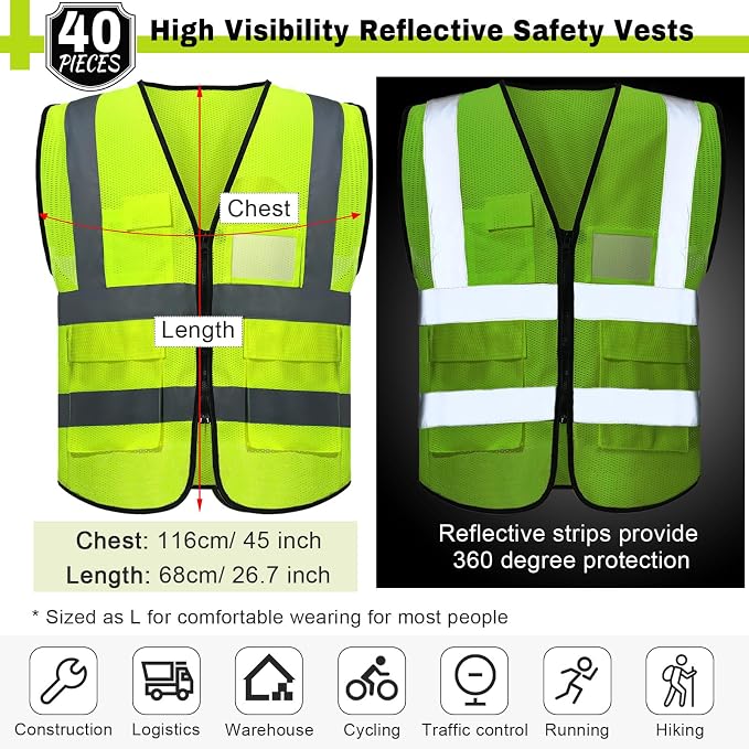 15 Pack Safety Vests Bulk Yellow Reflective High Visibility Vest - Image 2