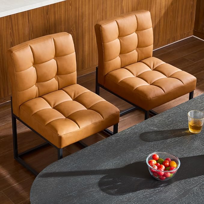 Brown Faux Leather Dining Chairs Set of 2, Mid-Century Modern Dining Room Chairs - Image 3