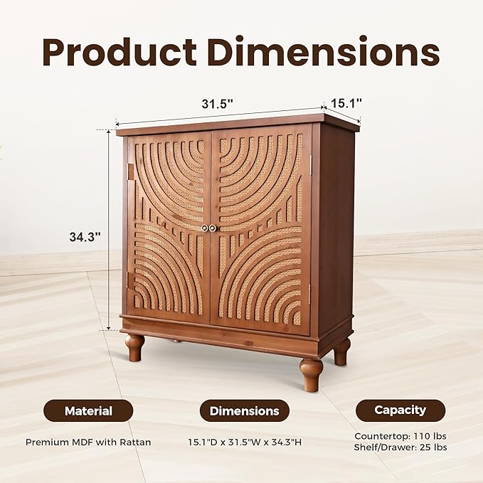 PHI VILLA Accent Cabinet with Door, Small Buffet Sideboard Cabinet with Rattan - Image 2