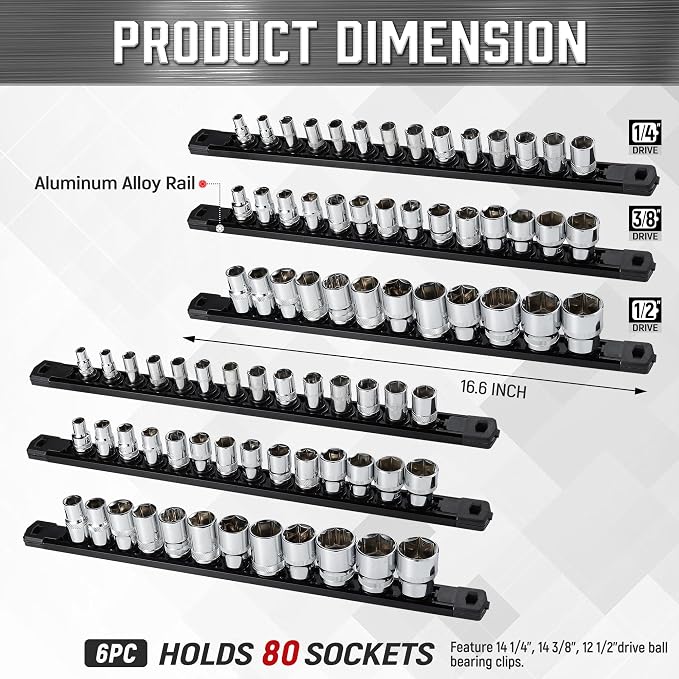 ALOANES 6-Piece Magnetic Socket Organizer, Heavy Duty Aluminum Socket Rails - Image 2