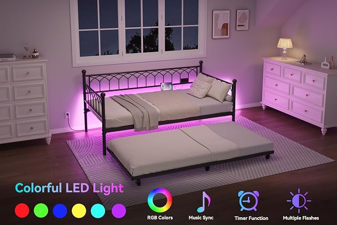 GarveeHome Daybed with Trundle, Metal Twin Trundle Bed with Charging Station & - Image 4