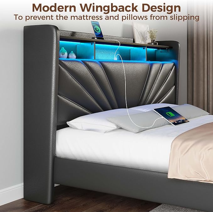Rolanstar Queen Size Bed Frame, Storage Headboard - Image 6