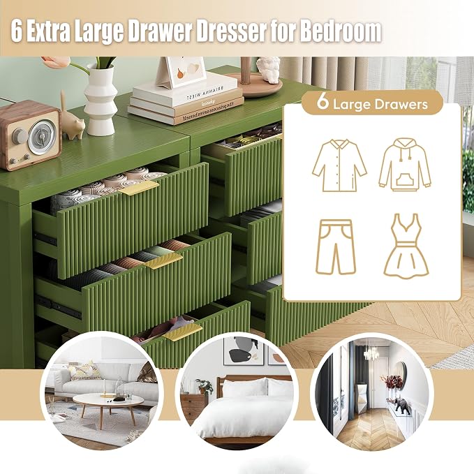 End Table with Storage, Wooden Farmhouse Nightstands with 6 Drawers, Bedside - Image 4