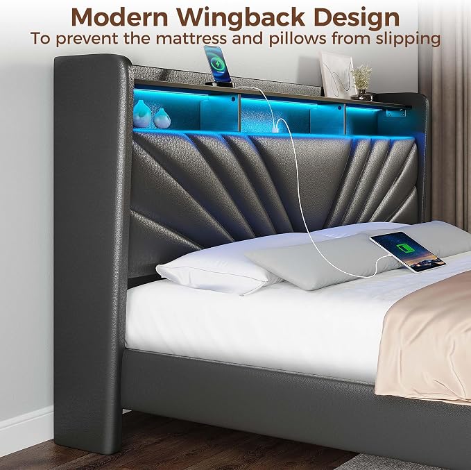 Rolanstar King Size Bed Frame, Storage Headboard - Image 6
