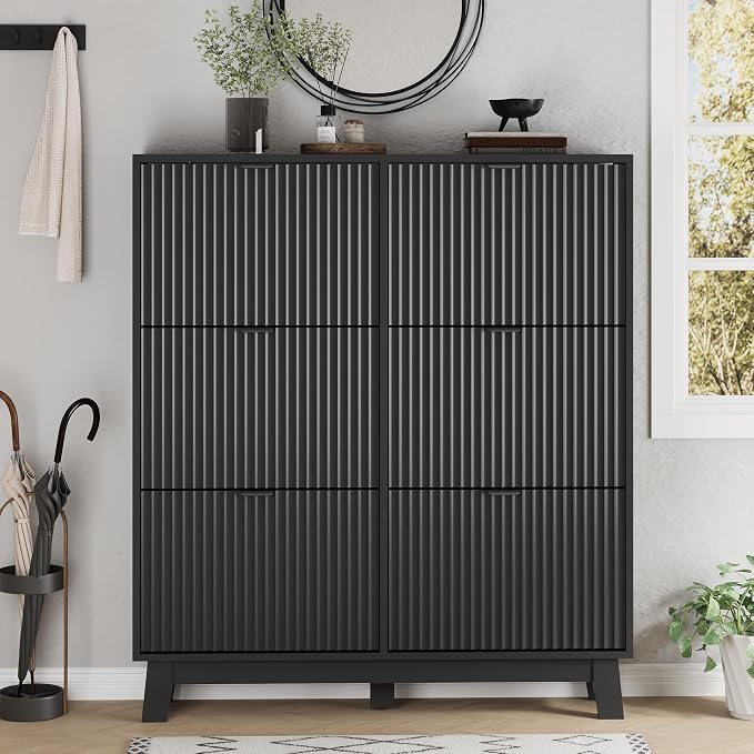Shoe Cabinet with 6 Flip Drawers, Hidden Slim Wooden Shoe Rack Cabinet - Image 7