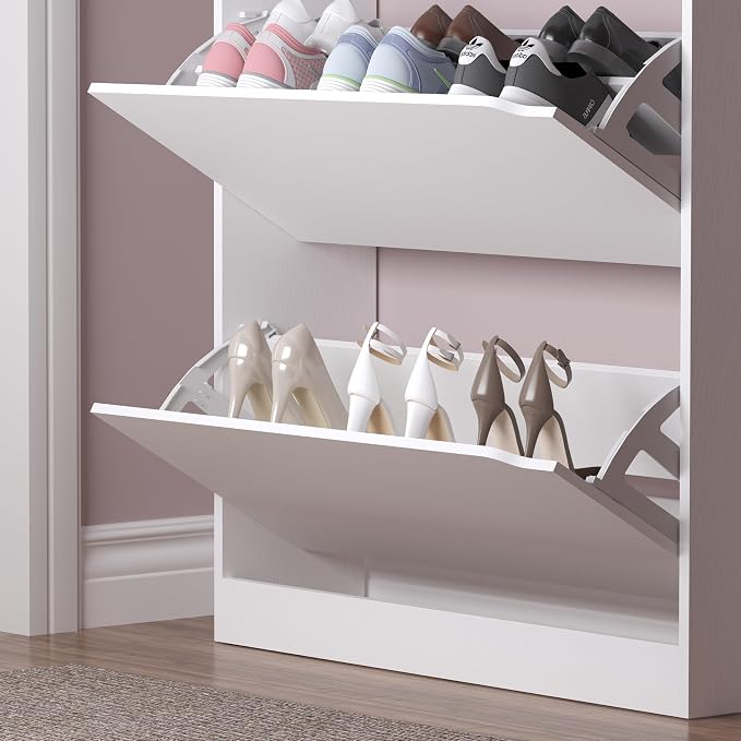 Shoe Cabinet with 3 Flip Drawers & Coat Rack, Narrow Hidden Shoe Storage Cabinet - Image 6
