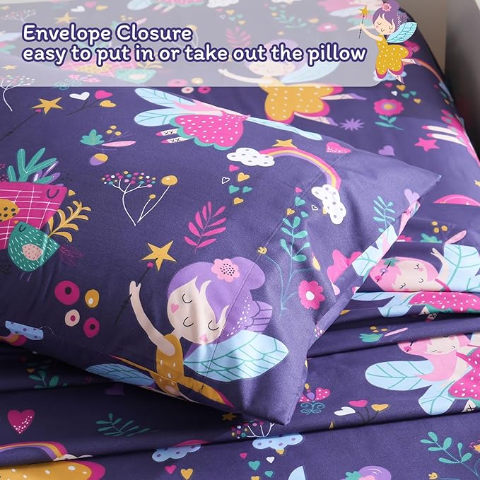 JSD Purple Fairy Kids Sheet Set Full Size, 4 Piece Girls Floral Printed - Image 5